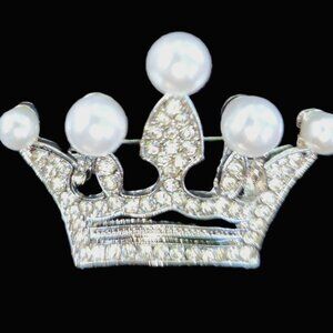 CROWN Pearl & Rhinestone PIN in silvertone by ORNAMENTS